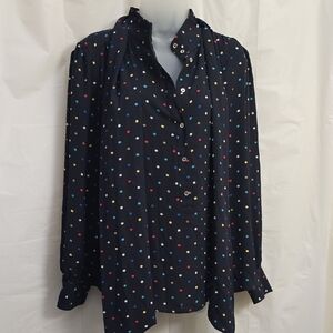 Tommy Hilfiger Womens Polka Dot Pullover Blouse, Blue, Red Medium Attached Scarf